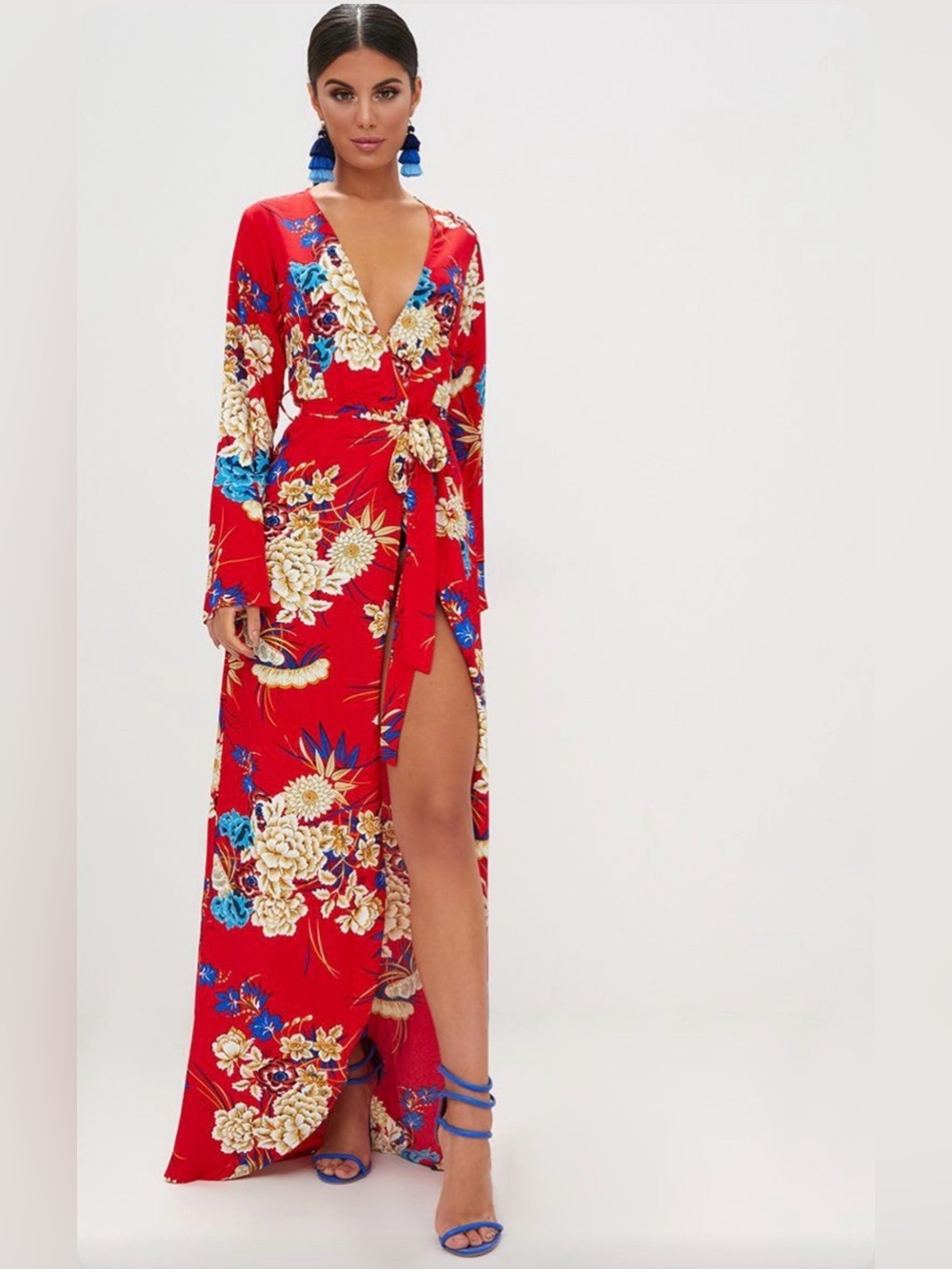 PrettyLittleThing Red Floral Kimono Wrap Maxi Dress